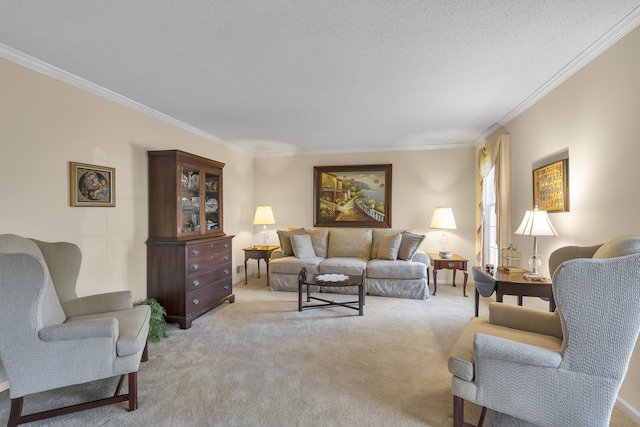 carpeted living room with crown molding and a textured ceiling