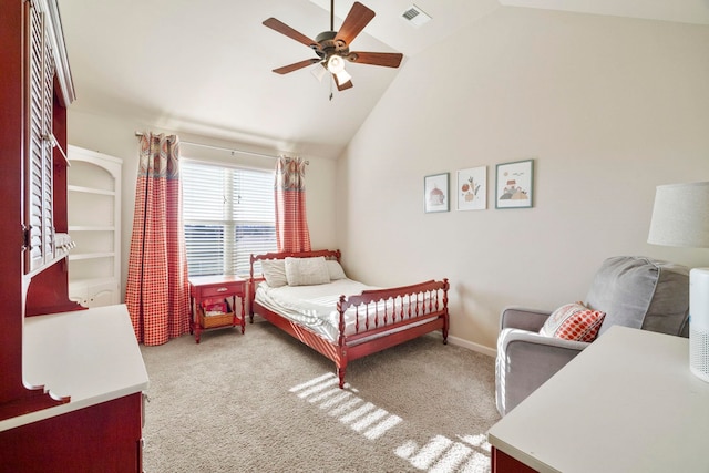 bedroom featuring ceiling fan, light colored carpet, and lofted ceiling