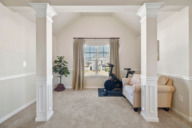 living area with light colored carpet and lofted ceiling