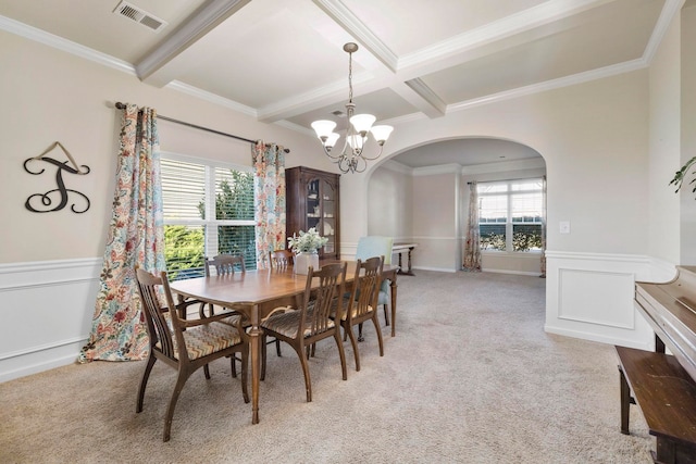 carpeted dining room featuring beamed ceiling, a notable chandelier, crown molding, and coffered ceiling