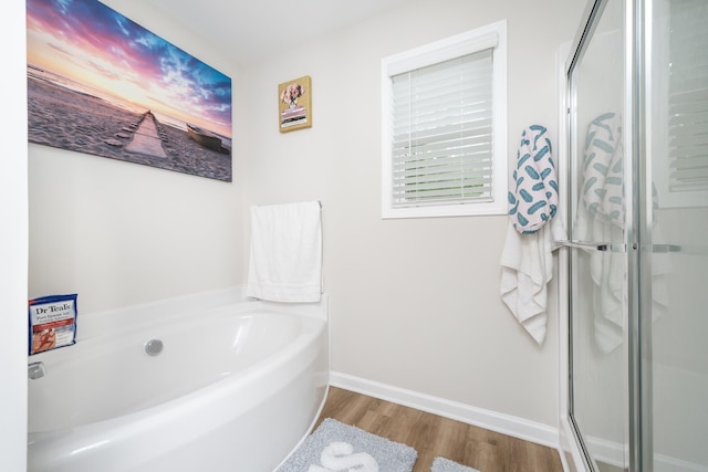 bathroom with hardwood / wood-style flooring and plus walk in shower