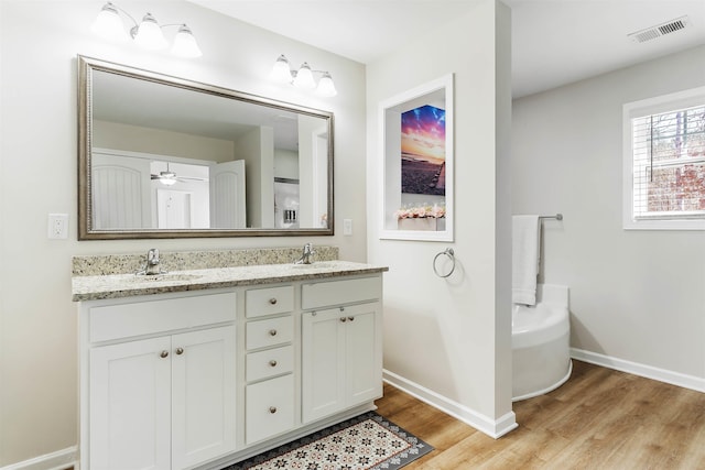 bathroom featuring hardwood / wood-style floors, a tub, and vanity