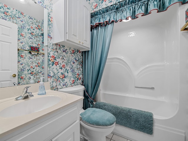 full bathroom with tile patterned floors, vanity, toilet, and shower / bathtub combination with curtain