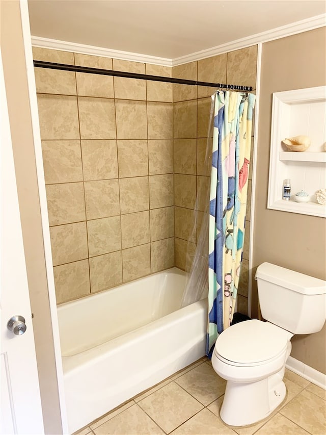 bathroom with tile patterned flooring, toilet, shower / bathtub combination with curtain, and ornamental molding