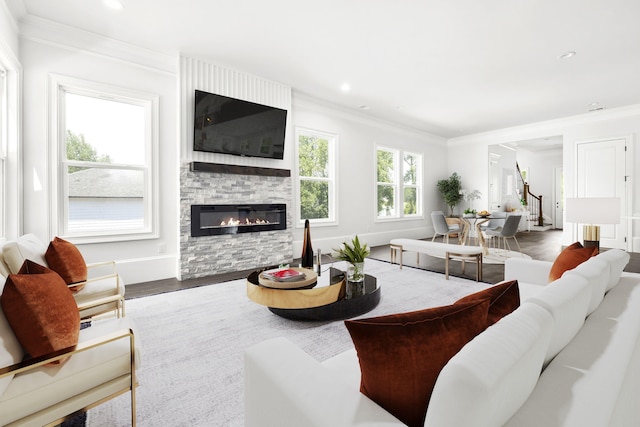 living room with a fireplace, ornamental molding, and hardwood / wood-style flooring