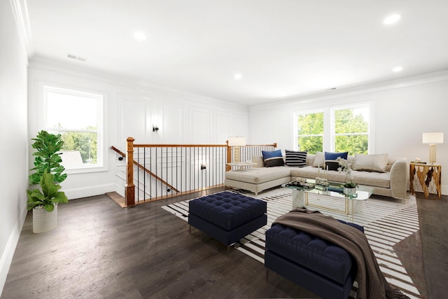 living room featuring crown molding and dark wood-type flooring