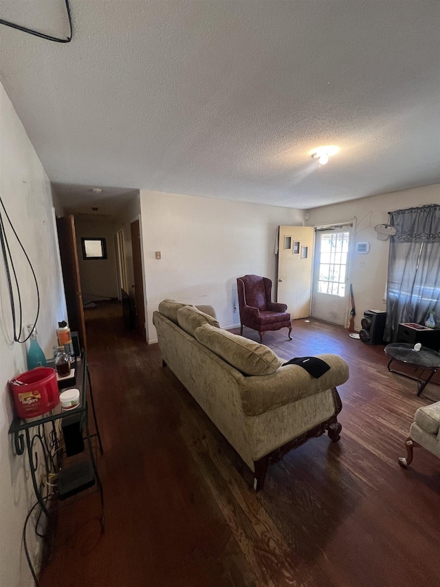 living room featuring a textured ceiling and wood finished floors