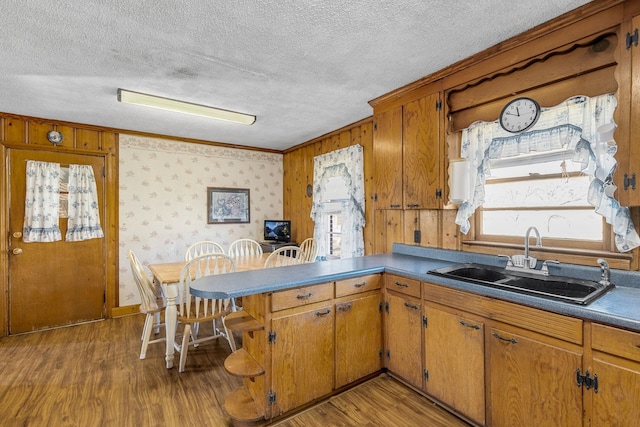 kitchen featuring kitchen peninsula, a textured ceiling, light hardwood / wood-style floors, and sink