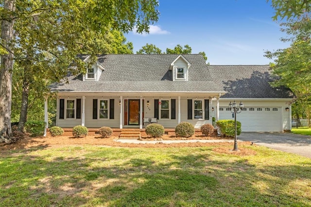 cape cod home with a front lawn, covered porch, and a garage