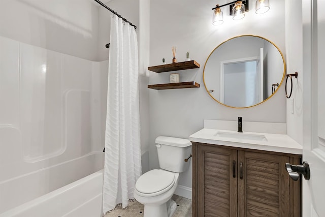 full bathroom featuring shower / bathtub combination with curtain, vanity, and toilet