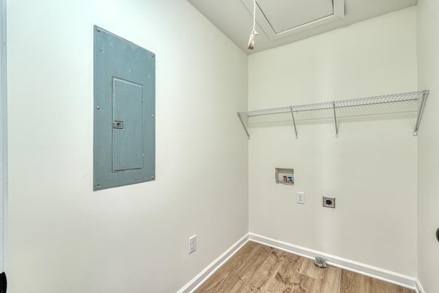 clothes washing area featuring hardwood / wood-style flooring, electric panel, electric dryer hookup, and hookup for a washing machine