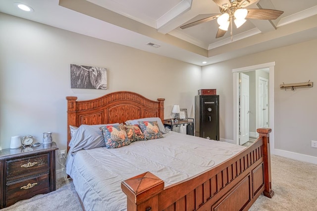 bedroom with beamed ceiling, ceiling fan, ornamental molding, and light carpet