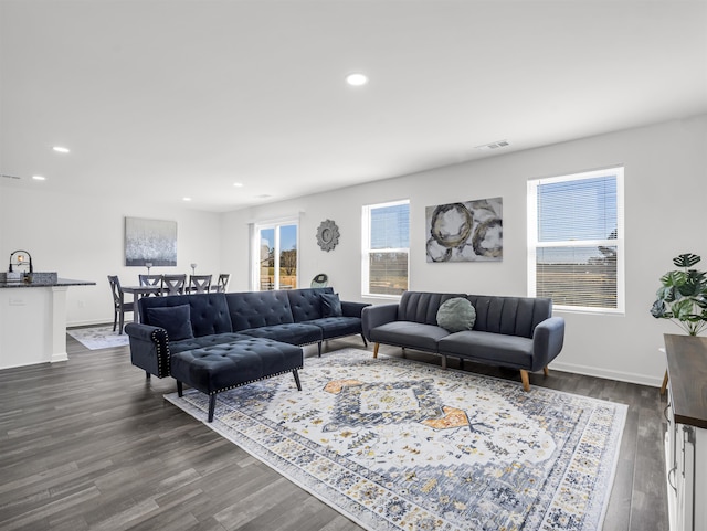 living room with dark wood-type flooring