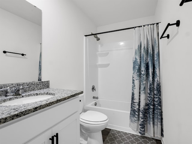 full bathroom featuring toilet, vanity, and shower / bath combination with curtain