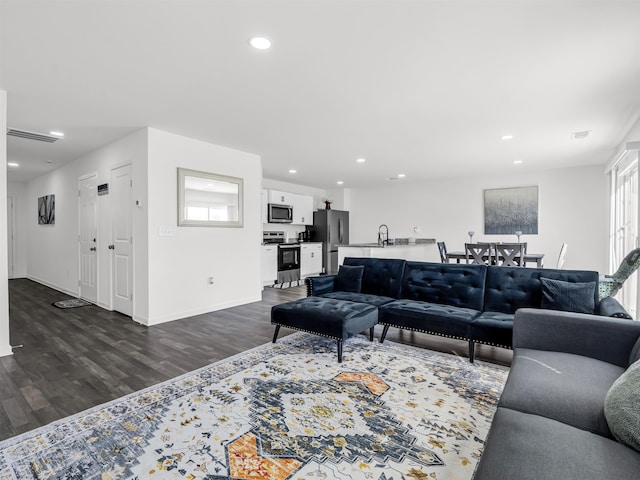 living room with sink and dark hardwood / wood-style floors