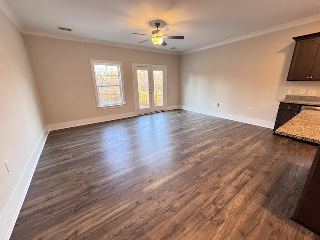 unfurnished living room with ornamental molding, ceiling fan, french doors, and dark hardwood / wood-style floors