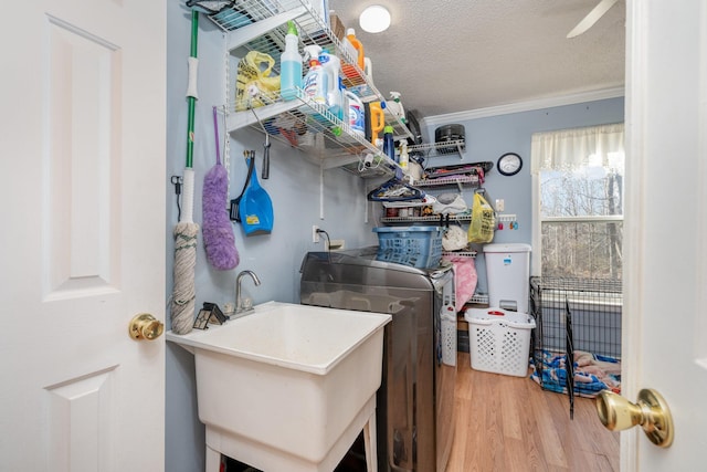 laundry area featuring sink, a textured ceiling, hardwood / wood-style flooring, washer / dryer, and crown molding