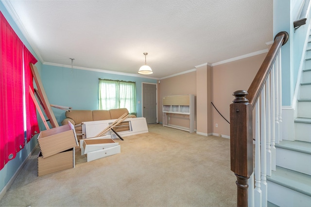 living room featuring crown molding and carpet flooring