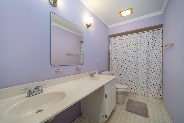 bathroom featuring a textured ceiling, a shower with shower curtain, ornamental molding, toilet, and vanity