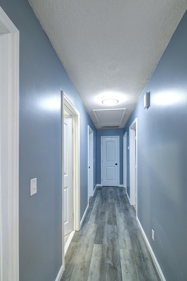 hall featuring hardwood / wood-style flooring and a textured ceiling