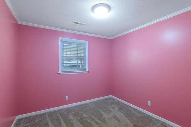 unfurnished room featuring carpet floors, a textured ceiling, and crown molding