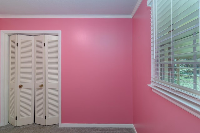 bedroom featuring a closet, carpet floors, and ornamental molding