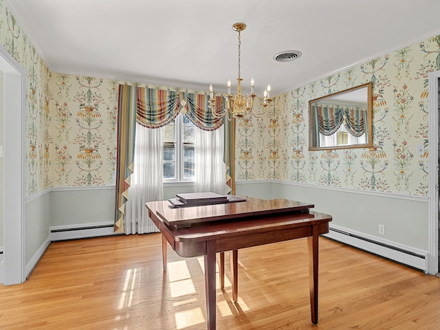 dining space featuring a baseboard radiator, crown molding, and light hardwood / wood-style flooring