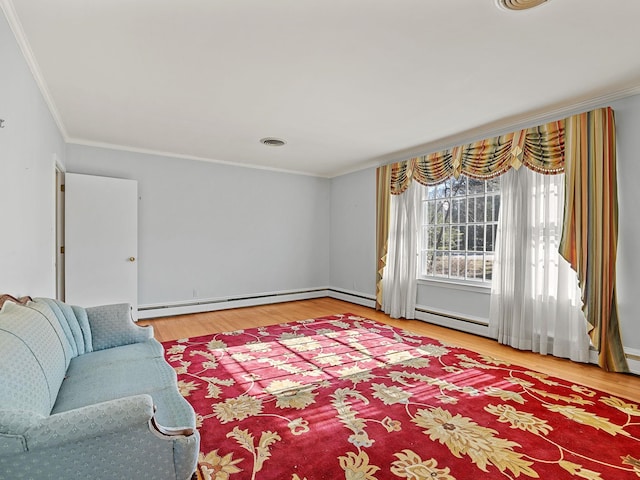 living room with ornamental molding and wood-type flooring