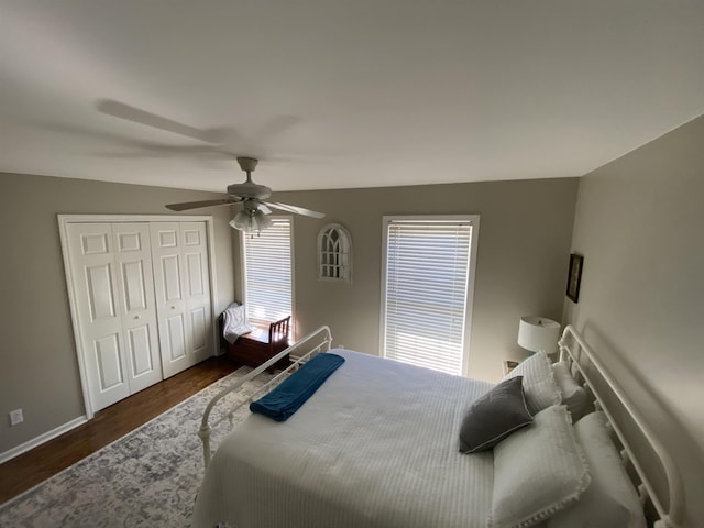 bedroom with dark wood-type flooring, ceiling fan, and a closet