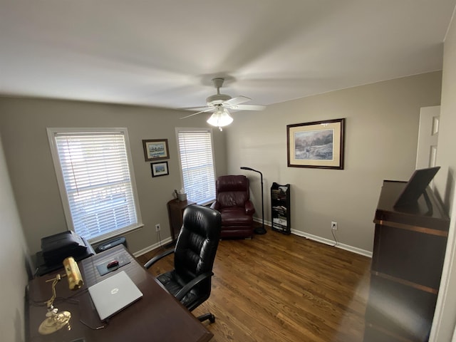 office featuring dark hardwood / wood-style flooring and ceiling fan