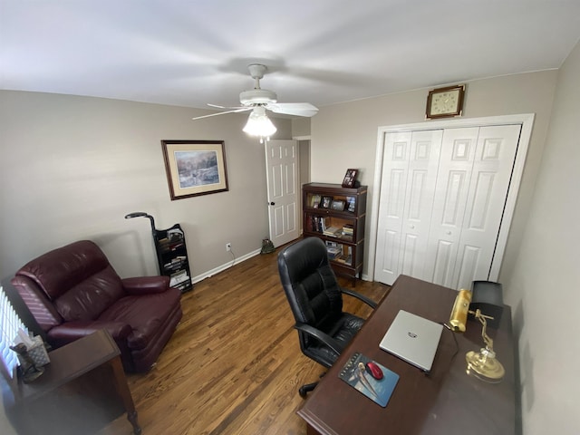 office with ceiling fan and dark hardwood / wood-style floors