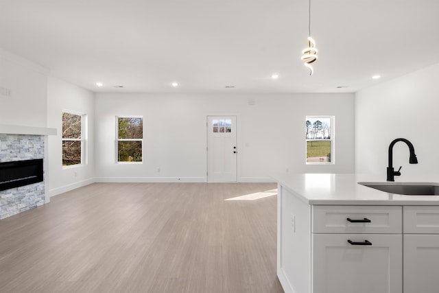 interior space with a fireplace, light hardwood / wood-style flooring, and sink