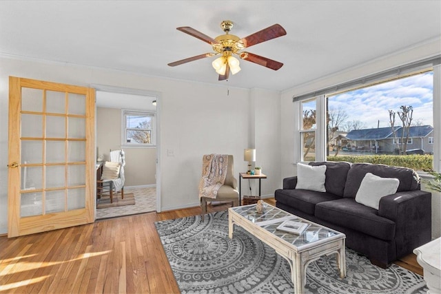 living room with wood-type flooring, ceiling fan, plenty of natural light, and crown molding