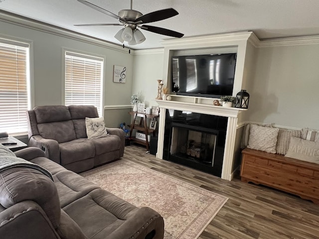 living room with ceiling fan, hardwood / wood-style floors, crown molding, and a fireplace