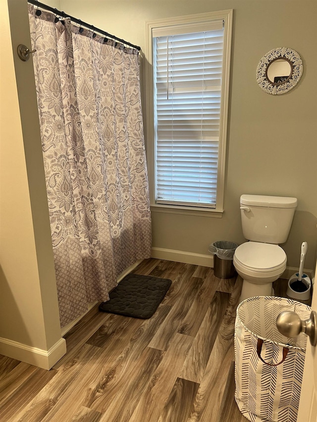 bathroom with toilet and hardwood / wood-style floors