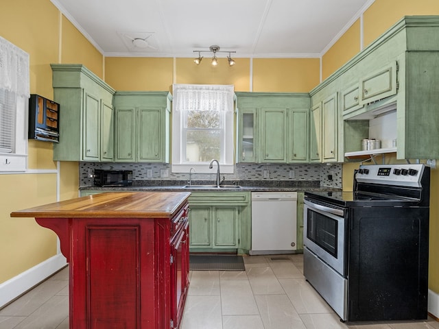 kitchen with sink, dishwasher, stainless steel electric range oven, butcher block countertops, and crown molding