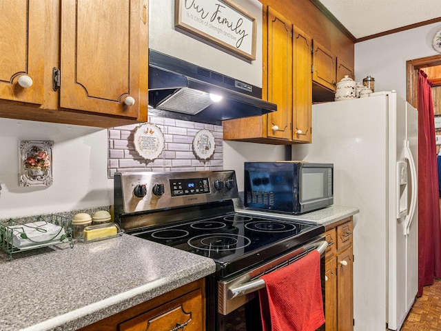 kitchen featuring stainless steel electric stove, crown molding, and tasteful backsplash