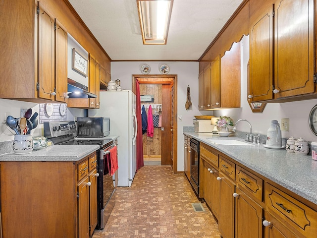 kitchen with dishwasher, ornamental molding, sink, stainless steel range with electric cooktop, and backsplash