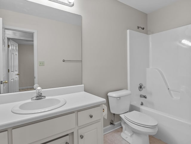 full bathroom with bathing tub / shower combination, tile patterned flooring, vanity, and toilet