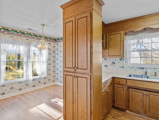 kitchen with decorative light fixtures, light hardwood / wood-style flooring, a chandelier, and sink