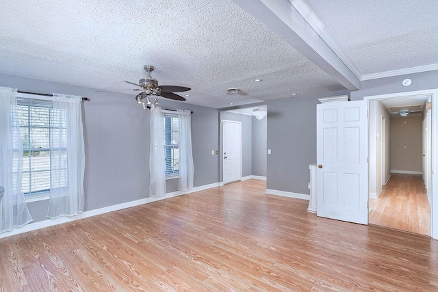 empty room featuring a textured ceiling, ceiling fan, light hardwood / wood-style floors, and beam ceiling