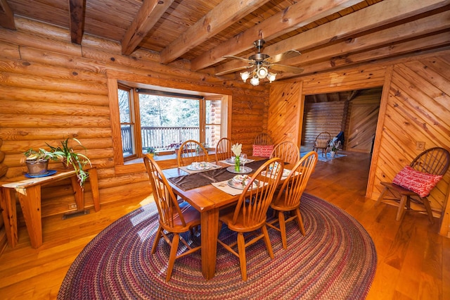 dining area featuring wood ceiling, log walls, beamed ceiling, ceiling fan, and hardwood / wood-style flooring