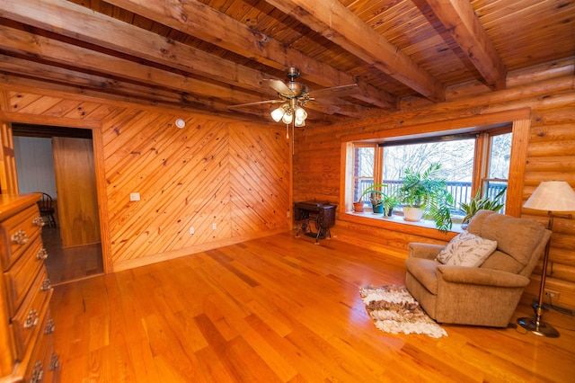 unfurnished room with wood ceiling, light wood-type flooring, beamed ceiling, ceiling fan, and rustic walls