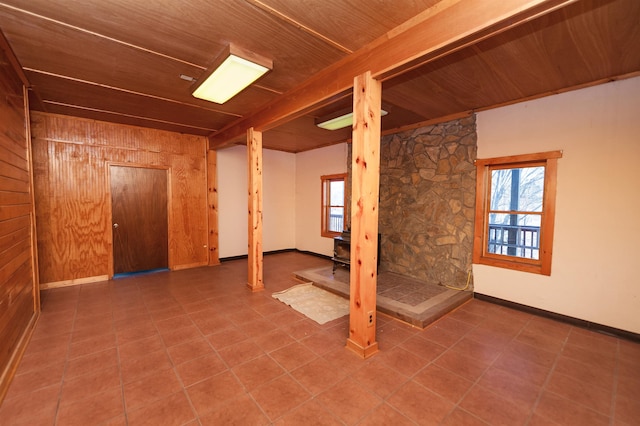 basement featuring wood ceiling and wooden walls