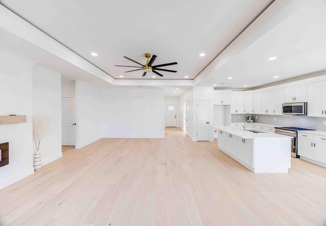 kitchen with a kitchen island with sink, a tray ceiling, white cabinets, appliances with stainless steel finishes, and sink