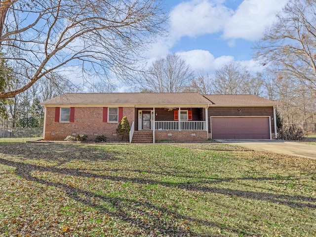 ranch-style house with a garage, a front yard, and a porch