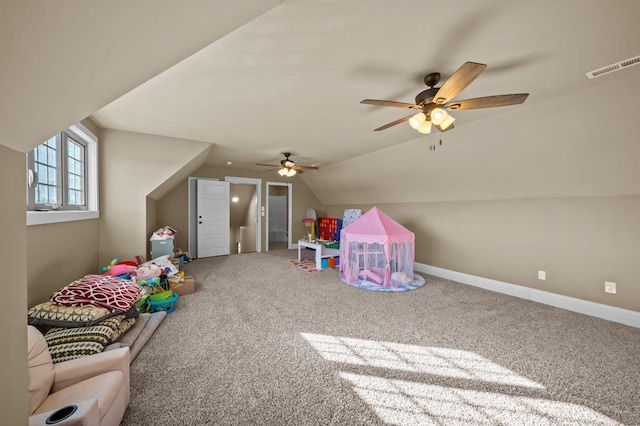 game room with carpet floors, lofted ceiling, and ceiling fan