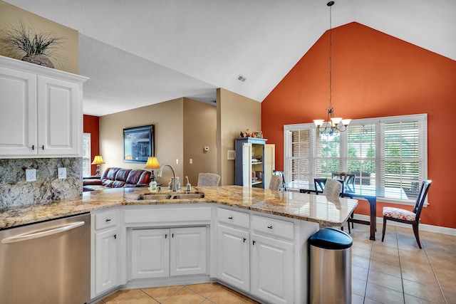 kitchen with stainless steel dishwasher, white cabinets, kitchen peninsula, and sink