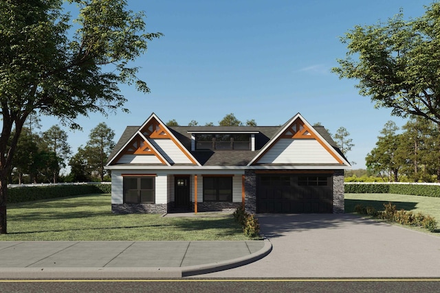 craftsman house featuring a front lawn and a garage