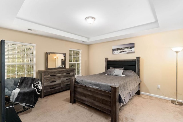 bedroom featuring a tray ceiling and multiple windows